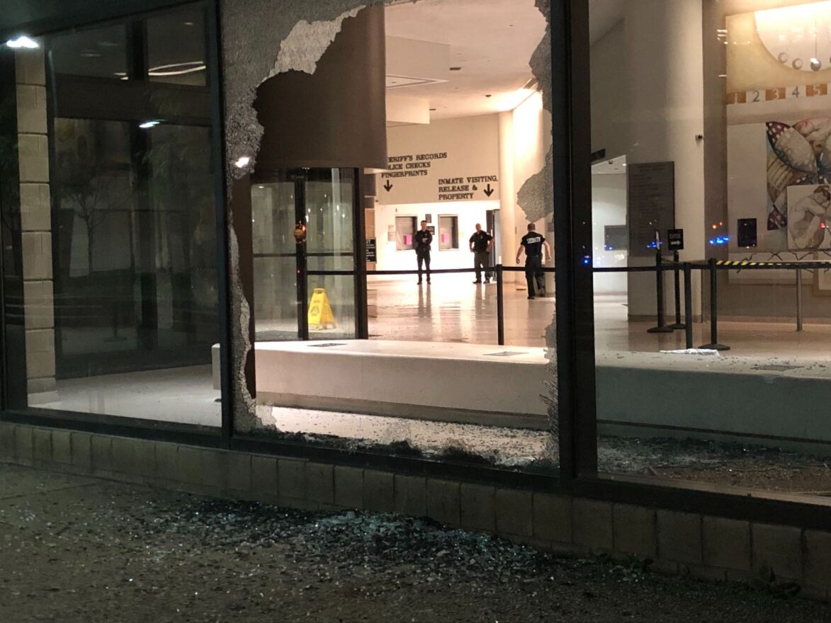 Protesters broke large glass windows of the Hamilton County Justice Center, May 29, 2020.